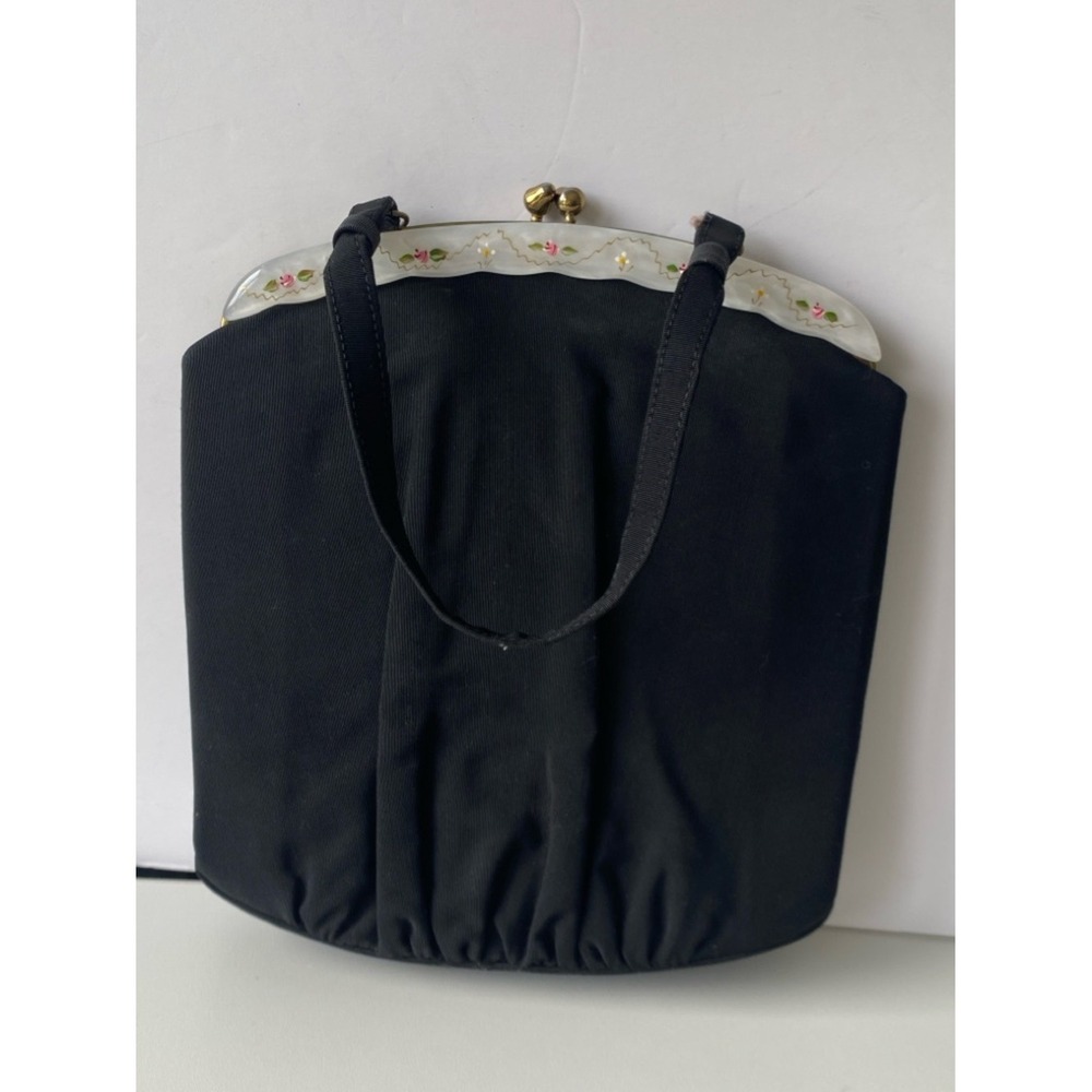 Vintage L and M Bags by Edwards Black Faille Lucite‎ Hand Painted Floral Handbag